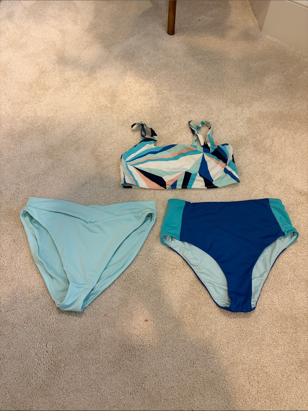 Striped Blue & Aqua Bikini Top with Two High-Waist Bottoms